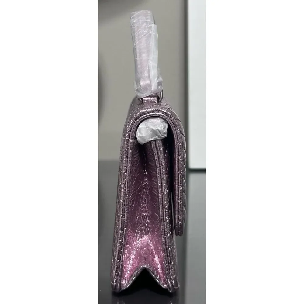 TORY‎ BURCH MINI KIRA MOTO QUILT METALLIC TOP-HANDLE CROSSBODY, SPARKLE PINK